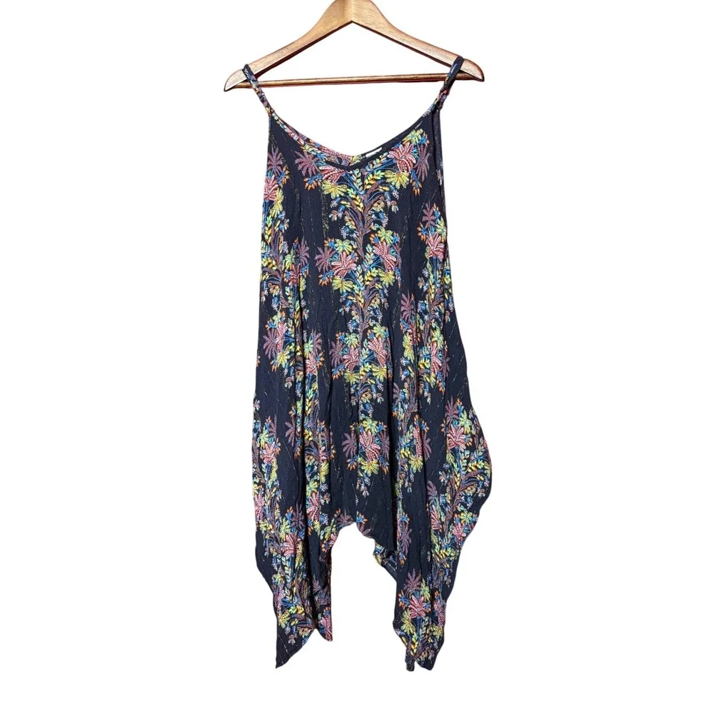 Unbranded Women NA Tropical Sharkbite Hem‎ Navy Blue Gold Metallic Boho Sun Top